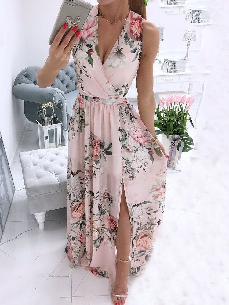 Robe Sans Manches À Col En V Et À Fleurs Douces Pour Femmes