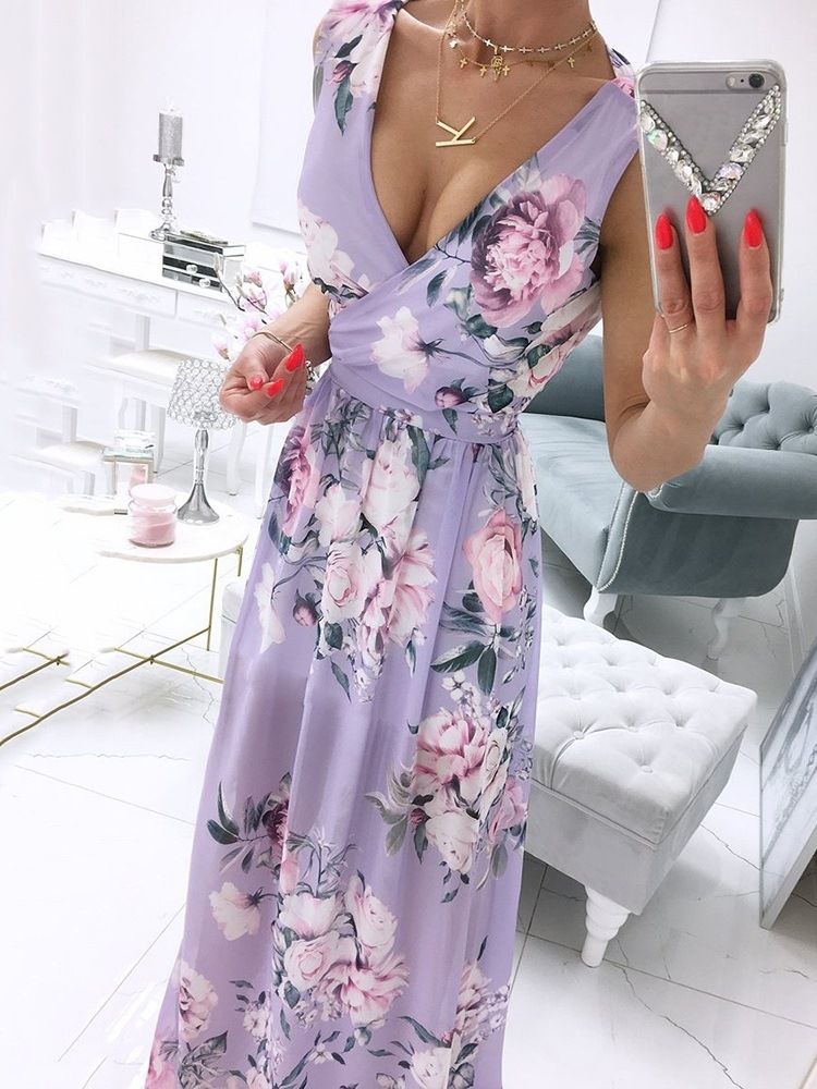 Robe Sans Manches À Col En V Et À Fleurs Douces Pour Femmes