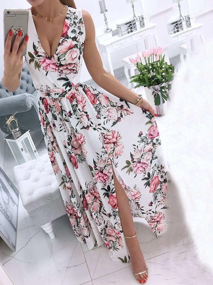 Robe Sans Manches À Col En V Et À Fleurs Douces Pour Femmes