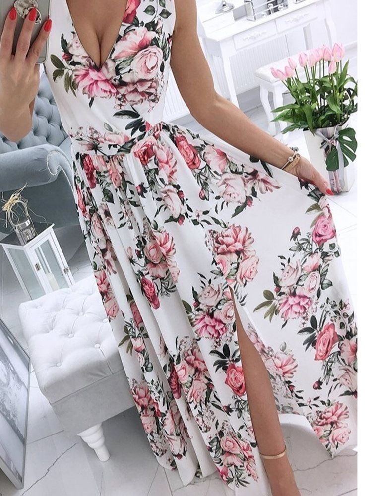 Robe Sans Manches À Col En V Et À Fleurs Douces Pour Femmes