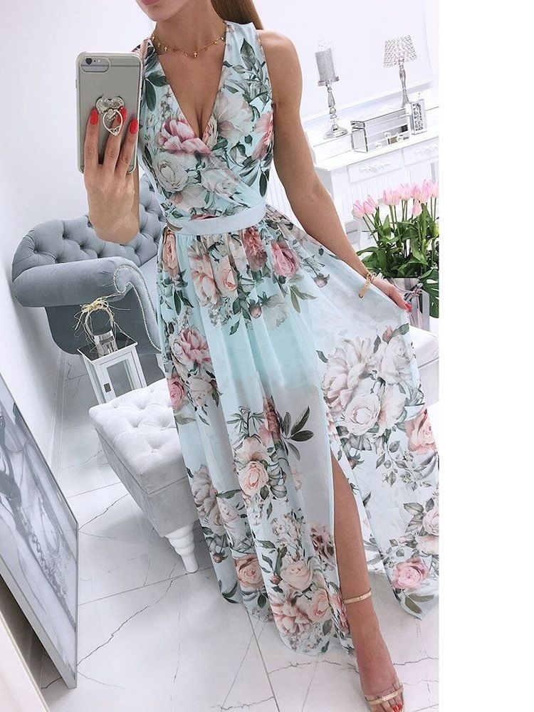 Robe Sans Manches À Col En V Et À Fleurs Douces Pour Femmes