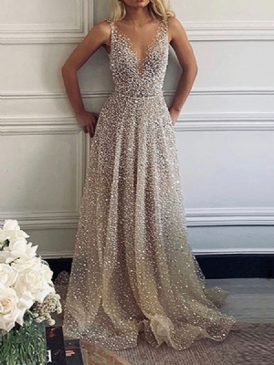 Robe Sans Manches À Col En V Et À Paillettes Pour Femmes