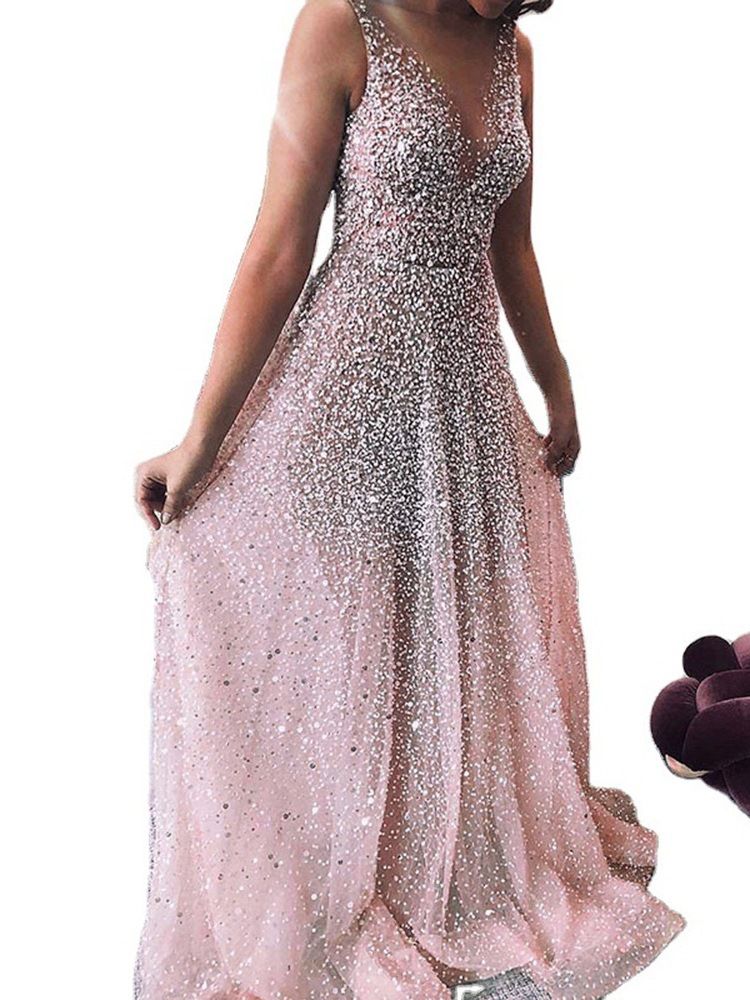 Robe Sans Manches À Col En V Et À Paillettes Pour Femmes