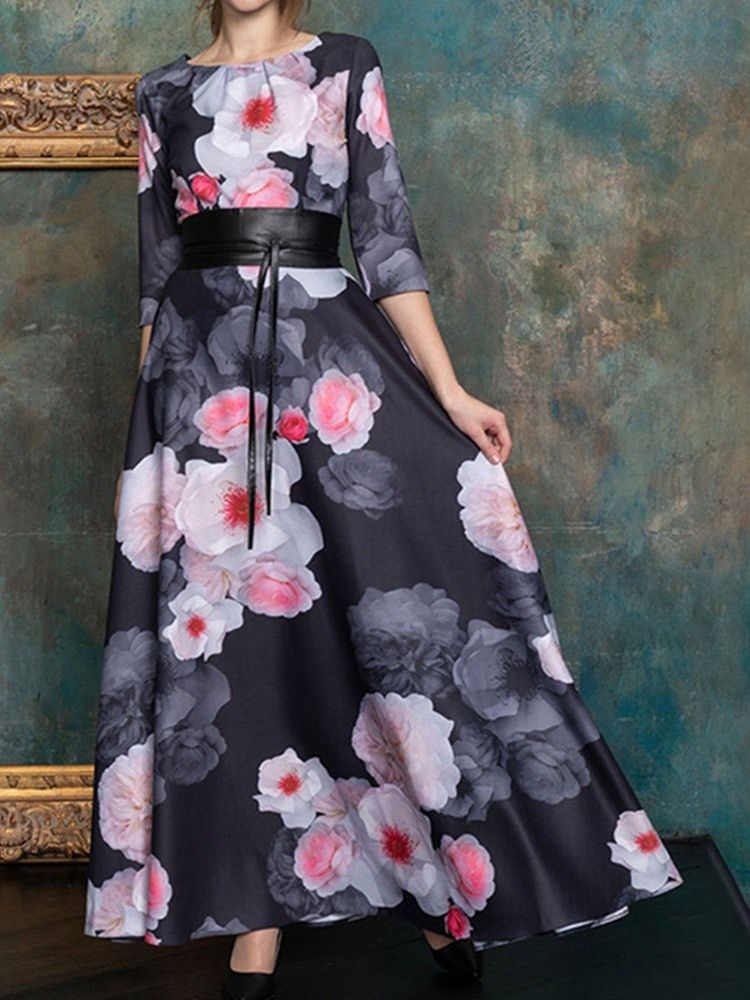 Robe À Taille Haute Pour Femmes À Col Rond Et Longueur Au Sol