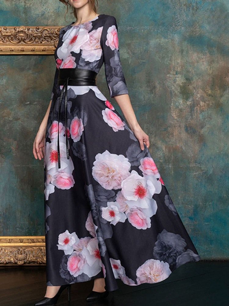 Robe À Taille Haute Pour Femmes À Col Rond Et Longueur Au Sol