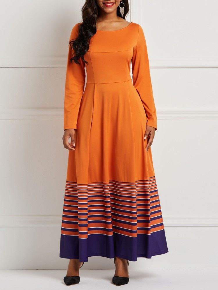 Robe Trapèze Pour Femme Avec Poche Imprimée À Rayures Orange