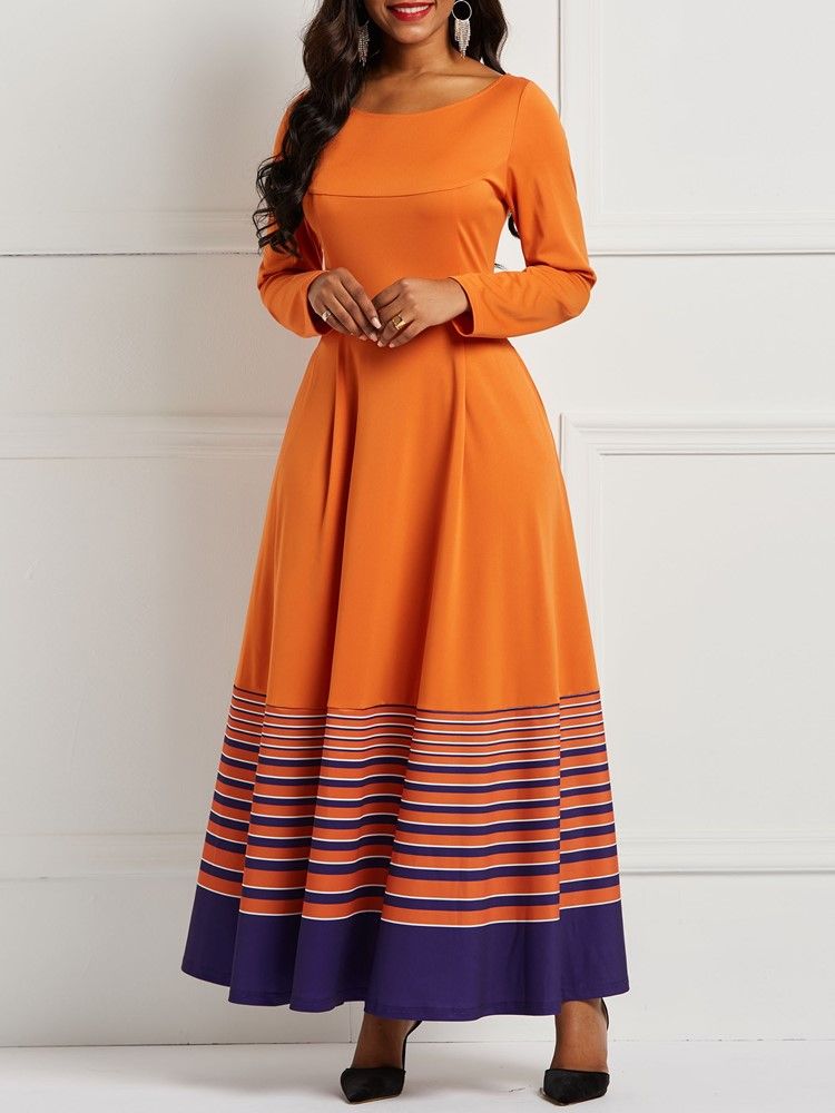 Robe Trapèze Pour Femme Avec Poche Imprimée À Rayures Orange