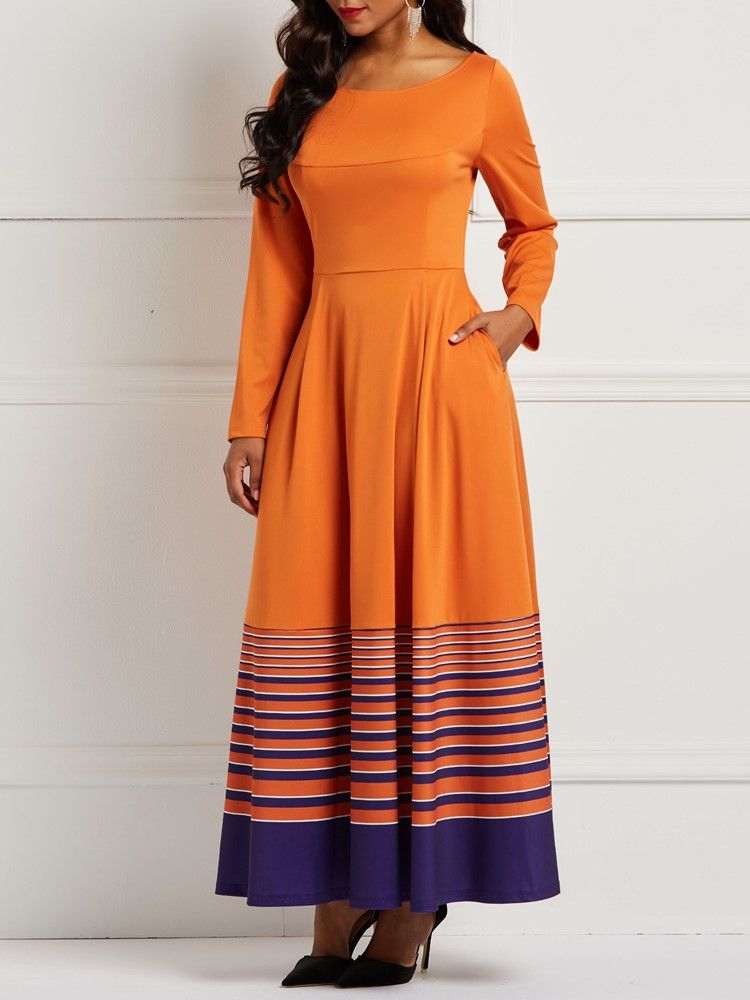 Robe Trapèze Pour Femme Avec Poche Imprimée À Rayures Orange