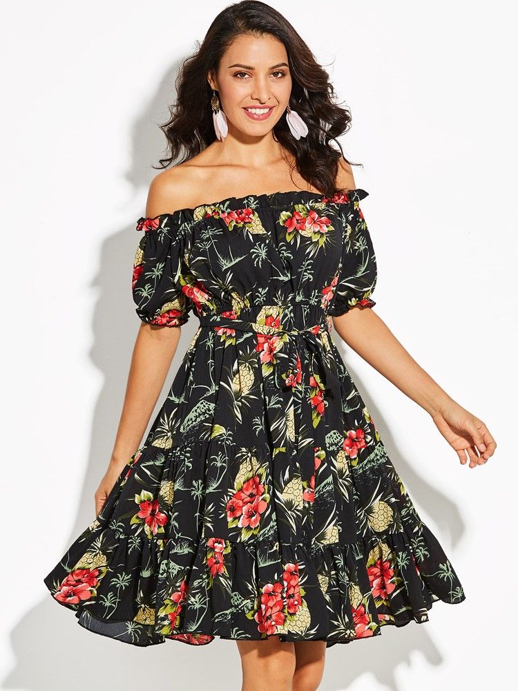 Robe Trapèze Pour Femme À Imprimé Floral Et Épaules Dénudées