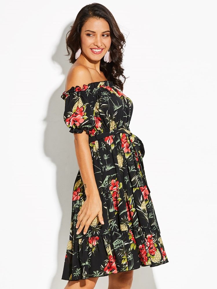 Robe Trapèze Pour Femme À Imprimé Floral Et Épaules Dénudées