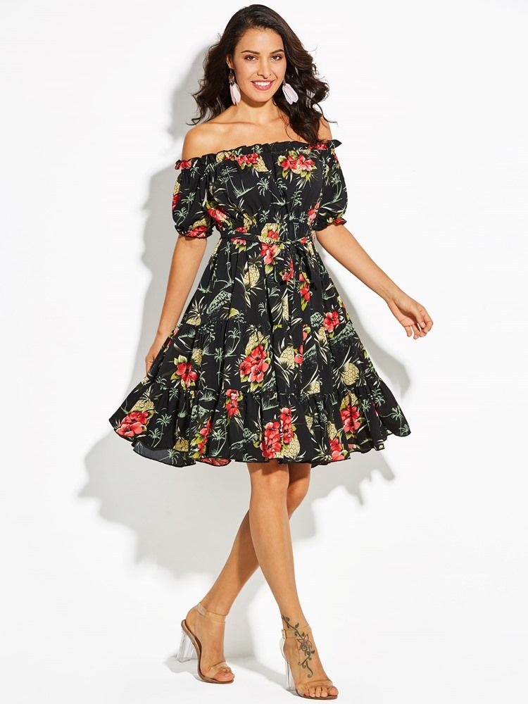 Robe Trapèze Pour Femme À Imprimé Floral Et Épaules Dénudées