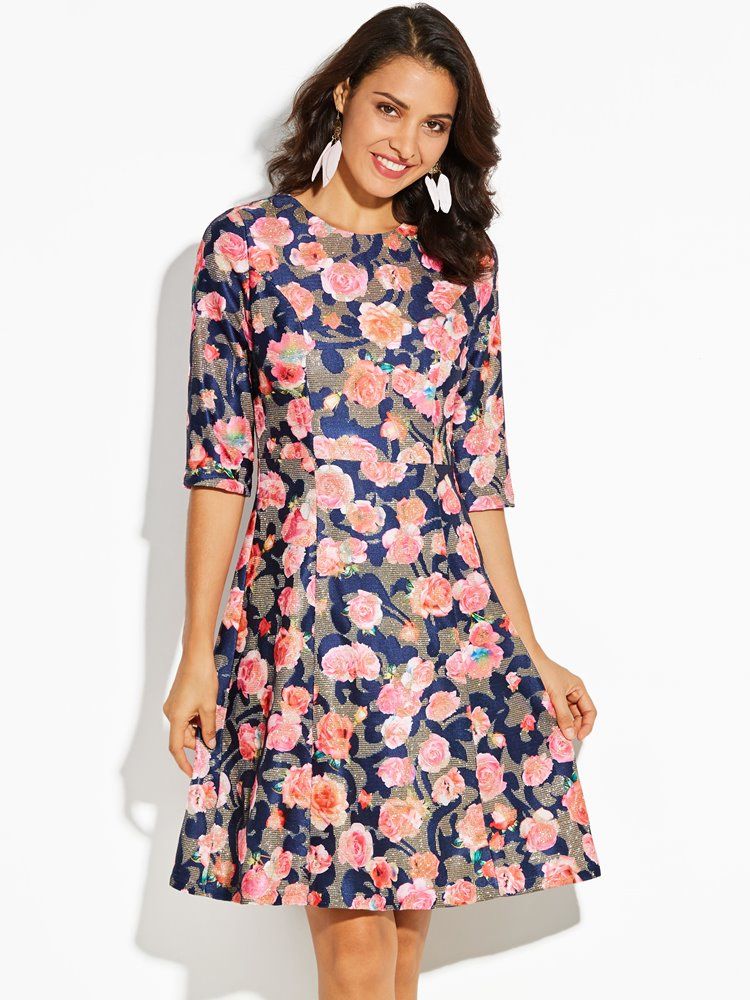 Robe Trapèze Mi-mollet À Imprimé Floral Et Color Block Pour Femmes