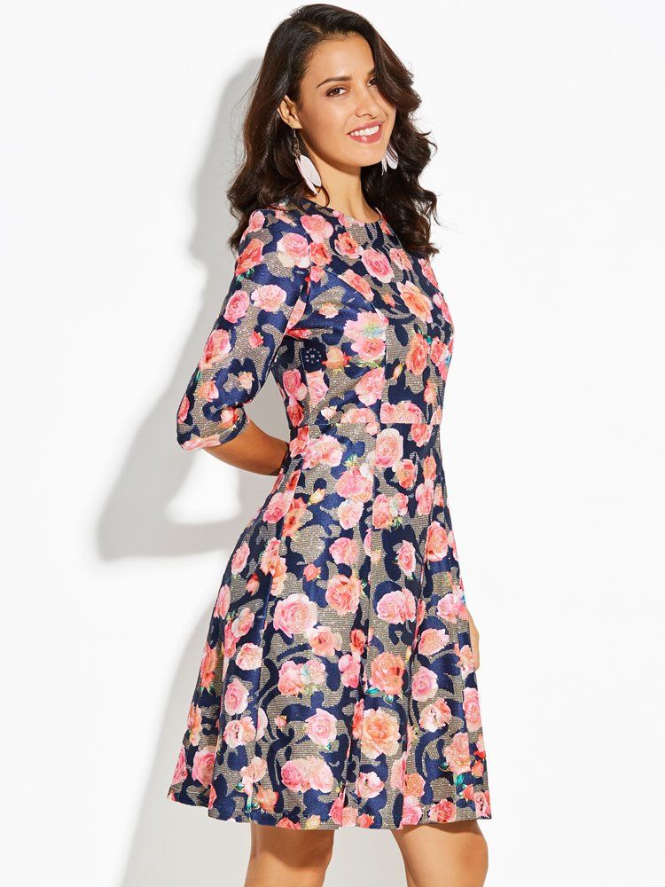 Robe Trapèze Mi-mollet À Imprimé Floral Et Color Block Pour Femmes