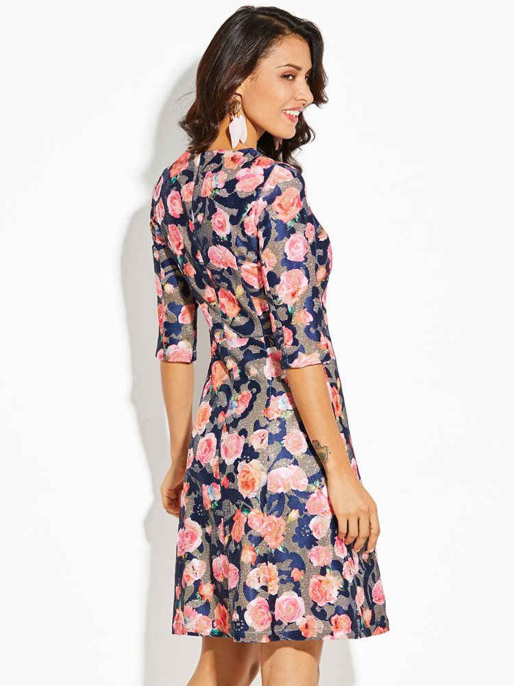 Robe Trapèze Mi-mollet À Imprimé Floral Et Color Block Pour Femmes