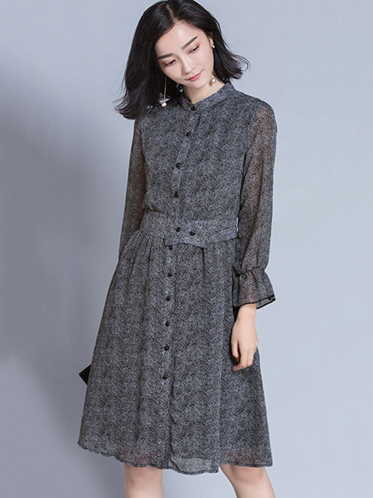 Robe Trapèze Plissée À Simple Boutonnage En Patchwork Pour Femmes