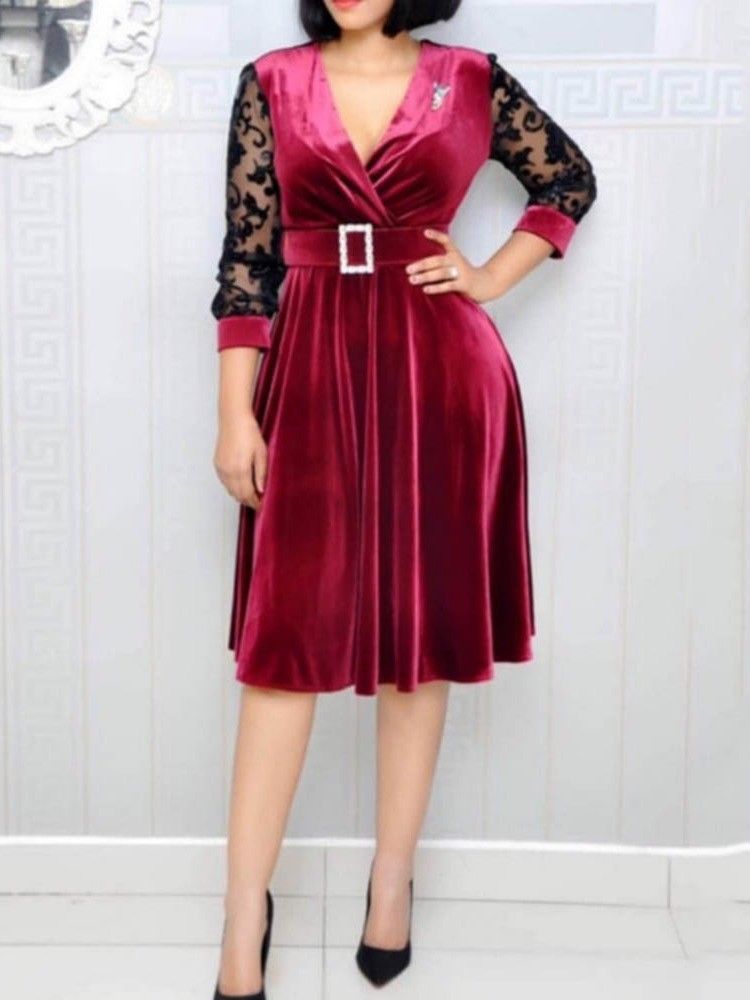 Robe Trapèze À Taille Moyenne Avec Ceinture À Col En V Pour Femmes