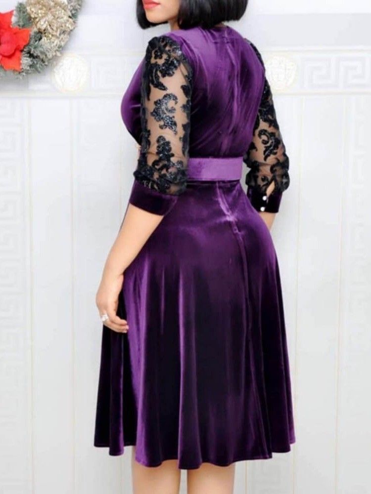 Robe Trapèze À Taille Moyenne Avec Ceinture À Col En V Pour Femmes