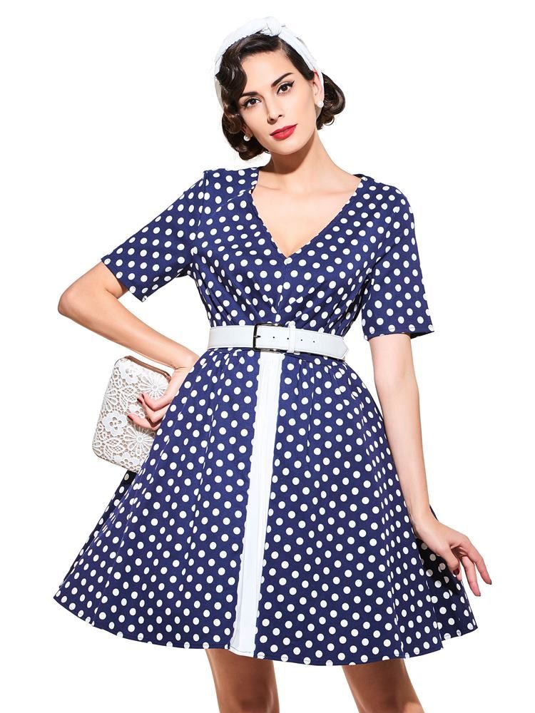 Robe Trapèze Vintage À Manches Courtes Et Col En V Pour Femme