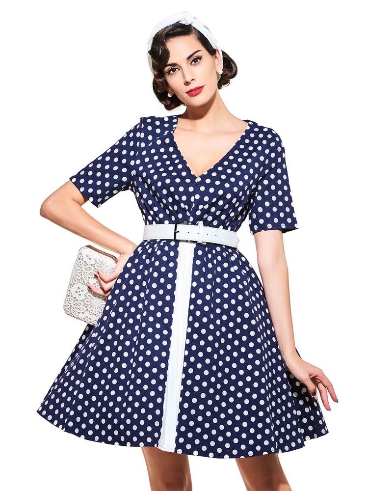 Robe Trapèze Vintage À Manches Courtes Et Col En V Pour Femme