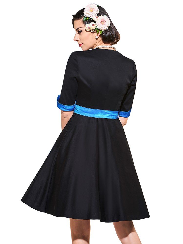 Robe Trapèze Vintage À Manches Longues Et Col En V Pour Femme