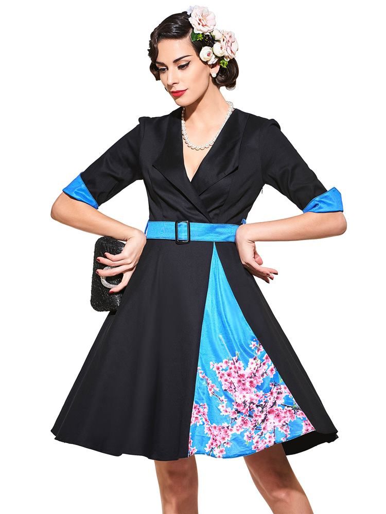 Robe Trapèze Vintage À Manches Longues Et Col En V Pour Femme