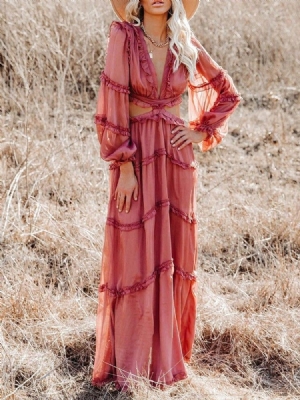 Robe Unie À Col En V Creux Longueur Au Sol Pour Femmes Robes De Plage Pour Femmes