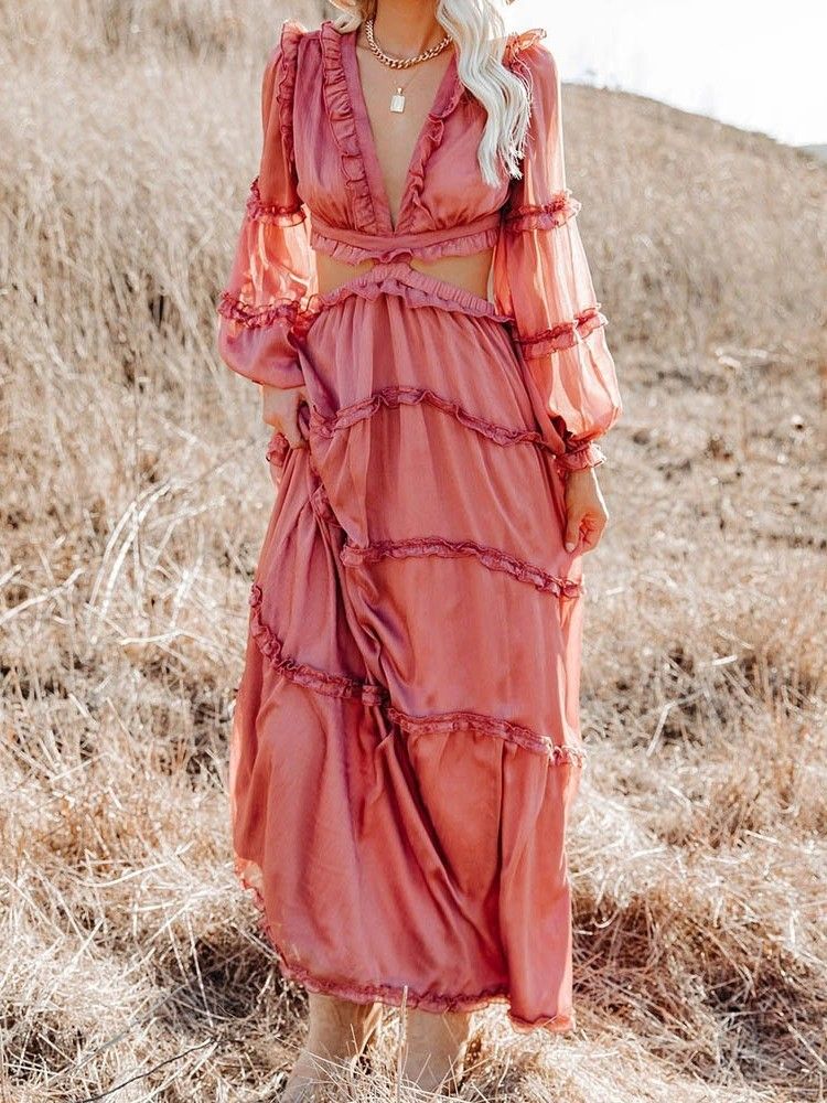 Robe Unie À Col En V Creux Longueur Au Sol Pour Femmes Robes De Plage Pour Femmes