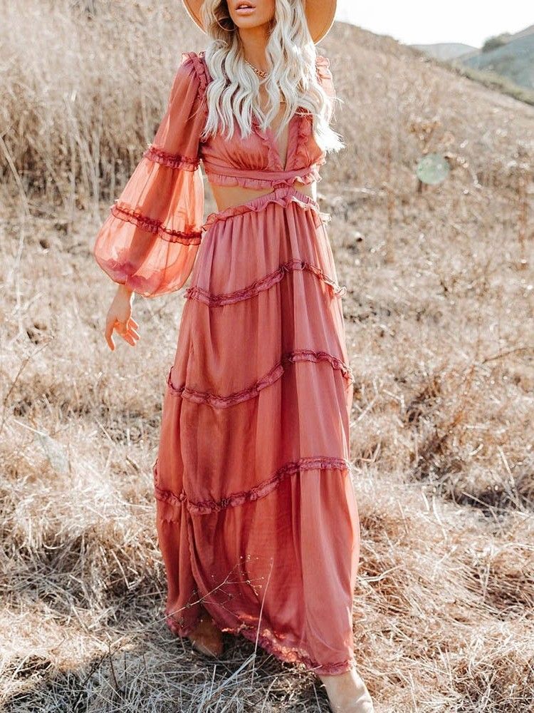 Robe Unie À Col En V Creux Longueur Au Sol Pour Femmes Robes De Plage Pour Femmes