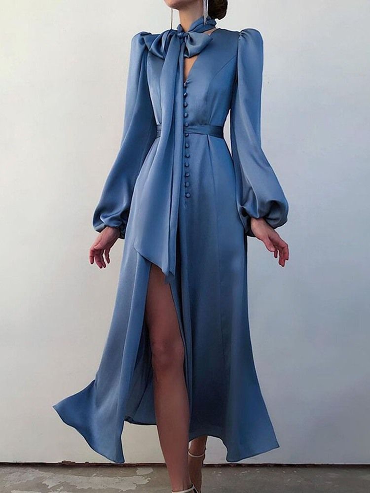 Robe Unie À Manches Longues Et Col En V Pour Femmes