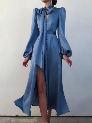 Robe Unie À Manches Longues Et Col En V Pour Femmes