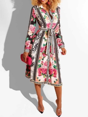 Robe Vintage Trapèze À Manches Longues Et Imprimé Floral Pour Femmes