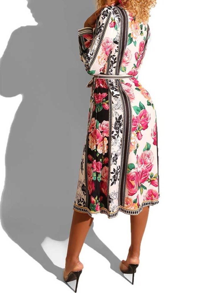 Robe Vintage Trapèze À Manches Longues Et Imprimé Floral Pour Femmes