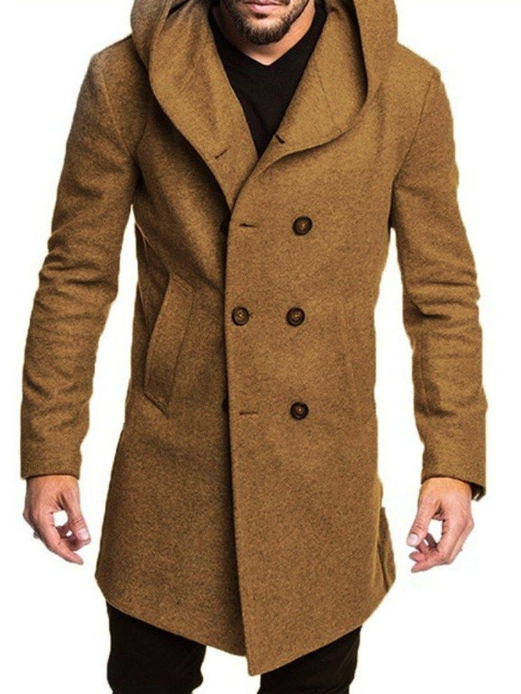 Manteau Homme À Double Boutonnage Uni À Capuche