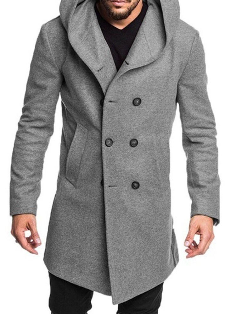 Manteau Homme À Double Boutonnage Uni À Capuche