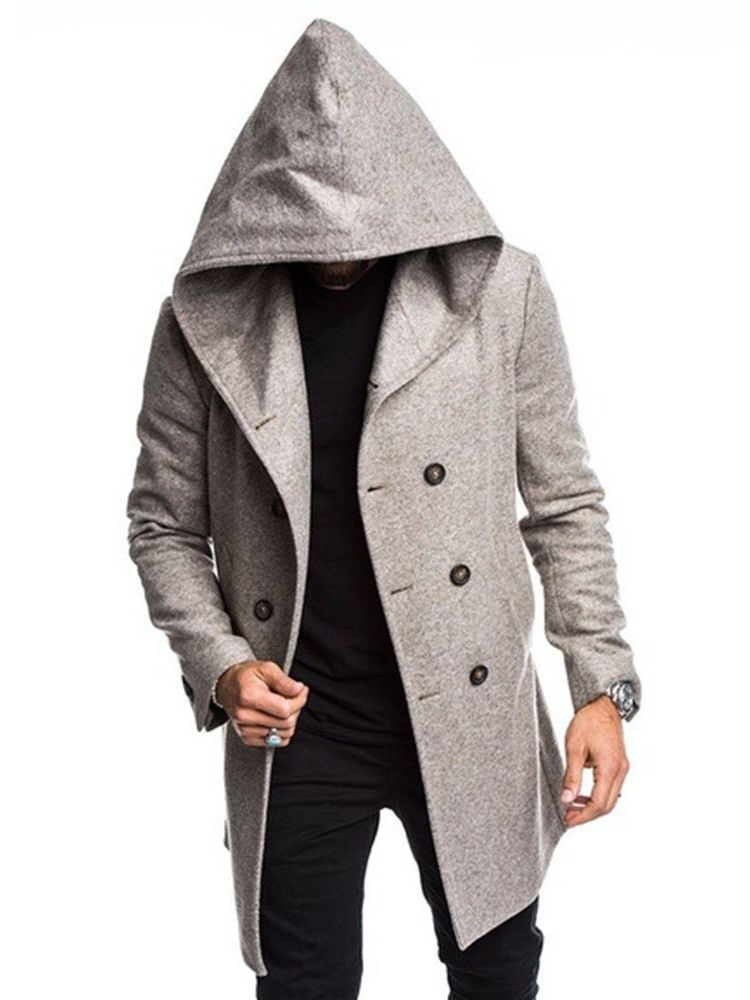 Manteau Homme À Double Boutonnage Uni À Capuche