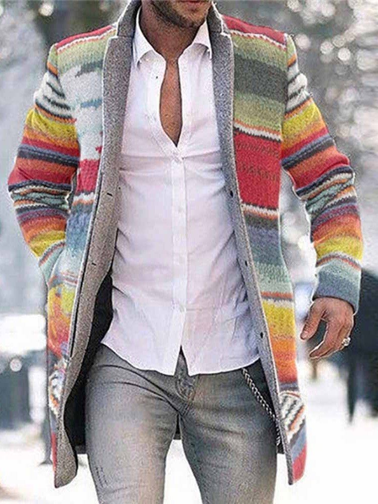 Manteau Pour Hommes À Boutonnage Mi-long Avec Blocs De Couleurs