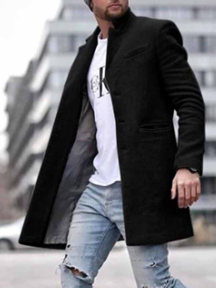 Manteau Mi-long Uni À Poche Pour Hommes