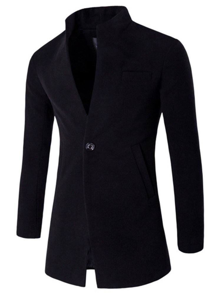 Midi Motif Col Montant Un Bouton Laine Classique Plaine Slim Manteau Homme