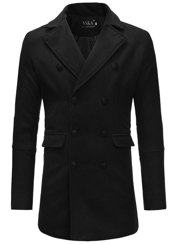 Trench-coat En Laine Mi-long Uni À Double Boutonnage Pour Hommes