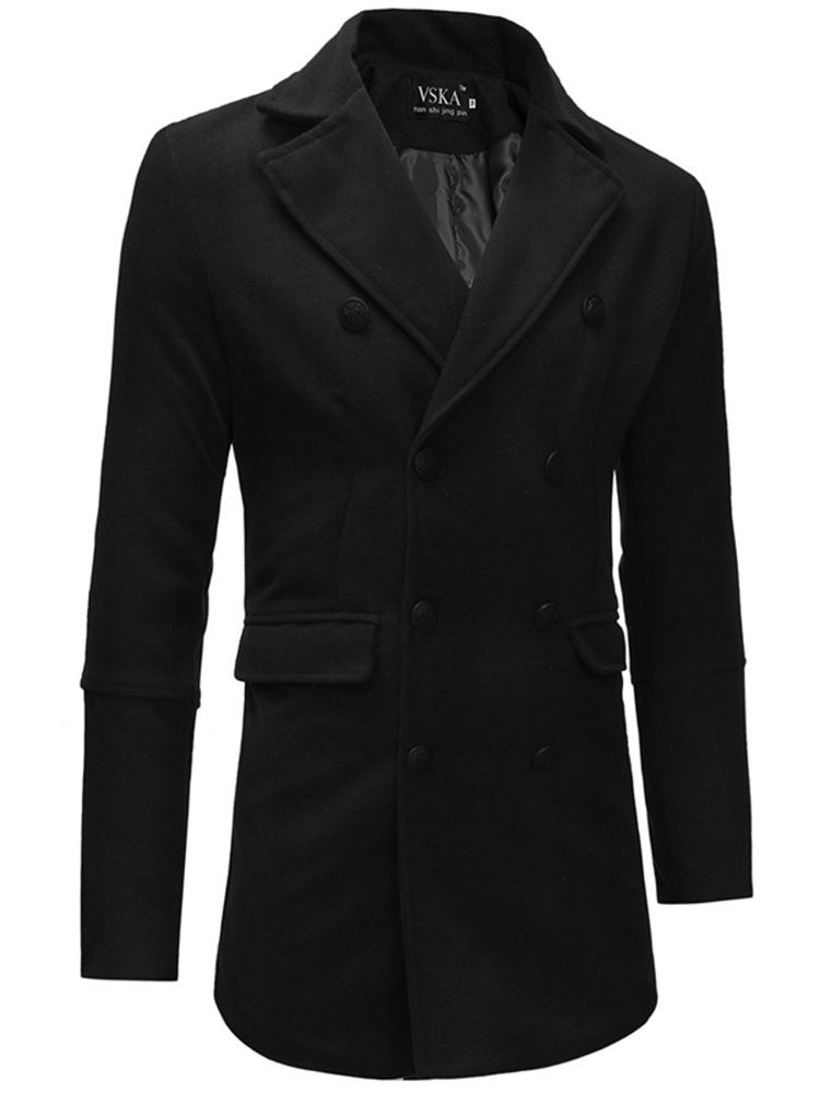 Trench-coat En Laine Mi-long Uni À Double Boutonnage Pour Hommes