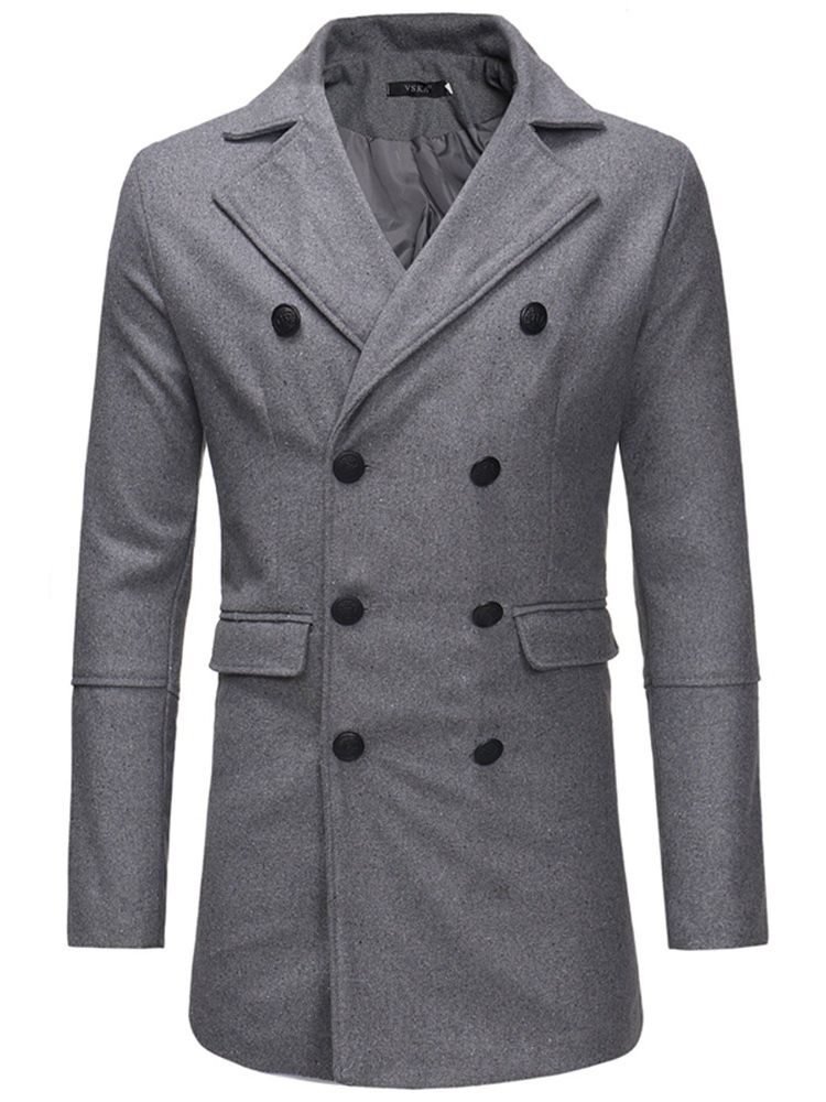 Trench-coat En Laine Mi-long Uni À Double Boutonnage Pour Hommes