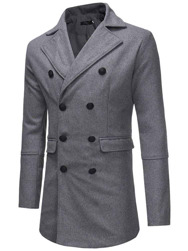 Trench-coat En Laine Mi-long Uni À Double Boutonnage Pour Hommes