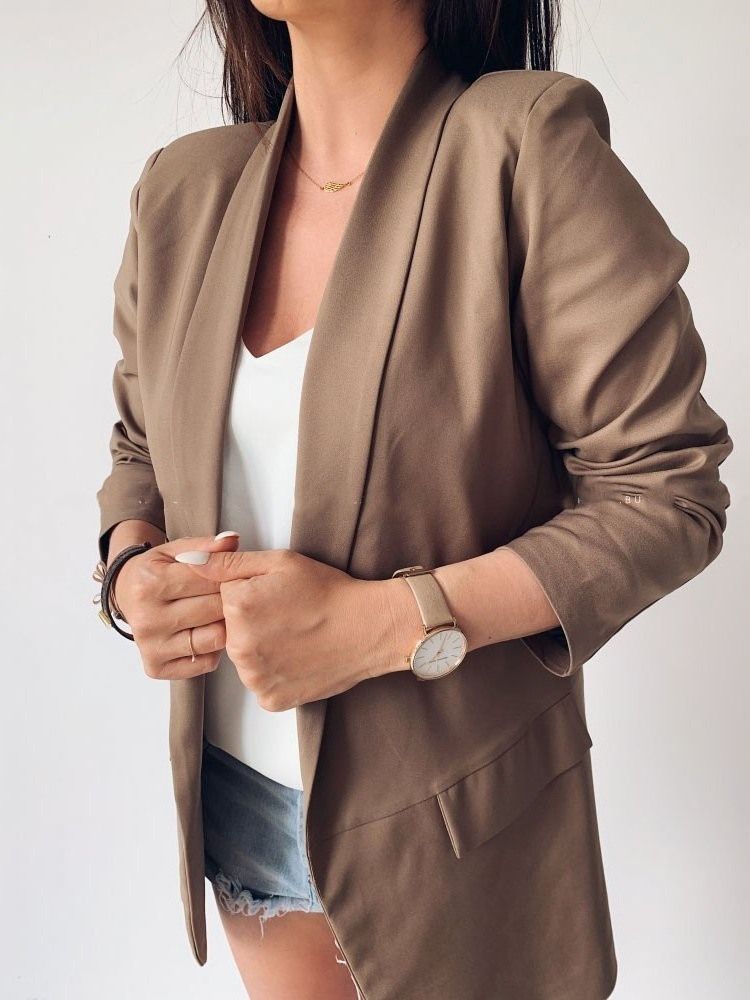 Blazer Décontracté D'automne Mi-long Uni À Manches Trois-quarts Pour Femmes