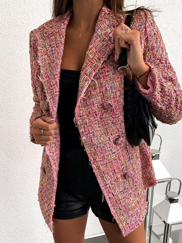 Blazer Décontracté Mi-long À Double Boutonnage Et À Manches Longues Pour Femmes