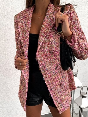 Blazer Décontracté Mi-long À Double Boutonnage Et À Manches Longues Pour Femmes