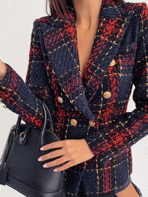 Blazer Décontracté Mi-long Régulier À Carreaux Croisés À Manches Longues Pour Femmes