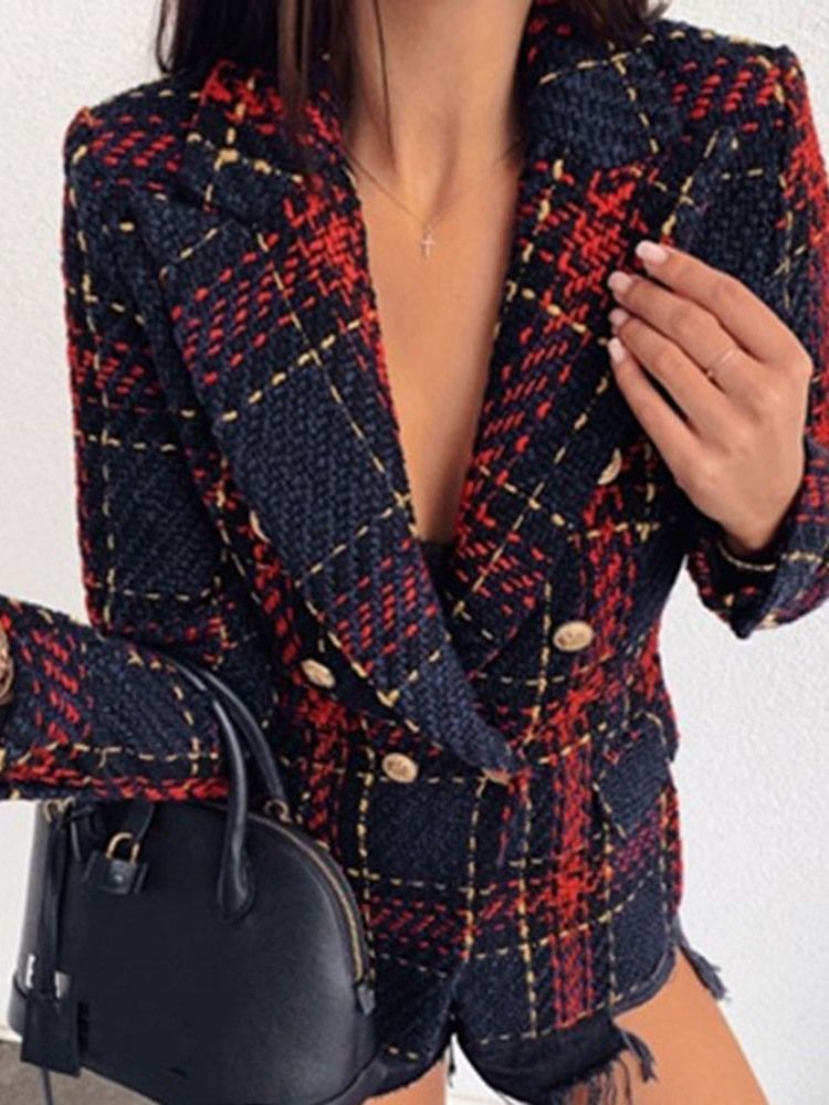 Blazer Décontracté Mi-long Régulier À Carreaux Croisés À Manches Longues Pour Femmes