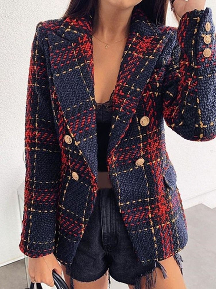 Blazer Décontracté Mi-long Régulier À Carreaux Croisés À Manches Longues Pour Femmes