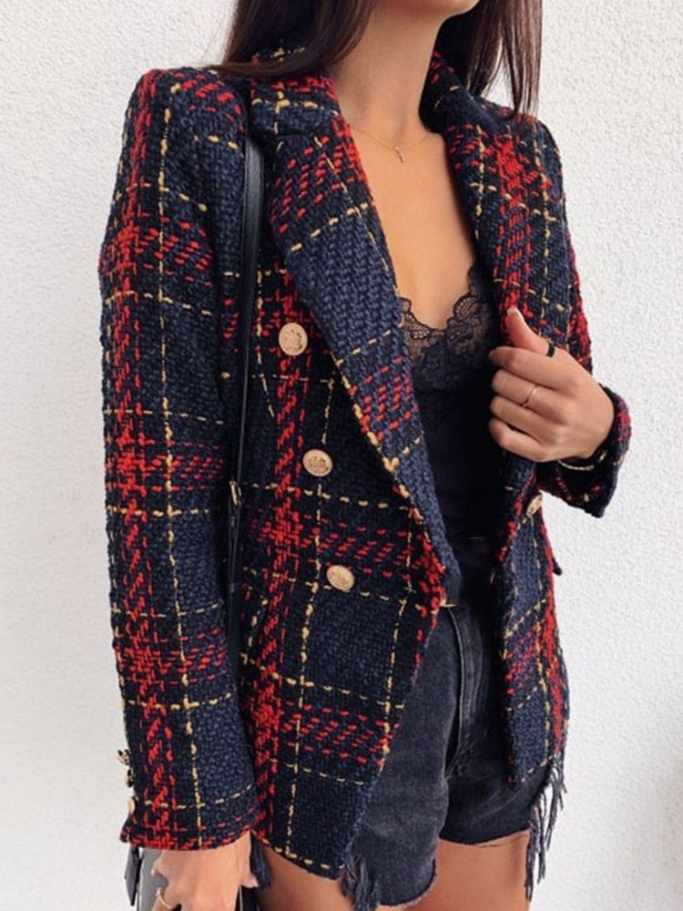 Blazer Décontracté Mi-long Régulier À Carreaux Croisés À Manches Longues Pour Femmes