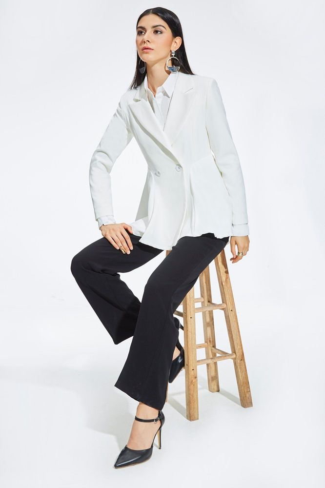 Blazer Mi-long Uni À Revers Cranté Pour Femme